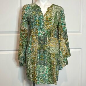 Floreat Amelia Silk Green Multi Paisley Bell Sleeve Mini Dress 4